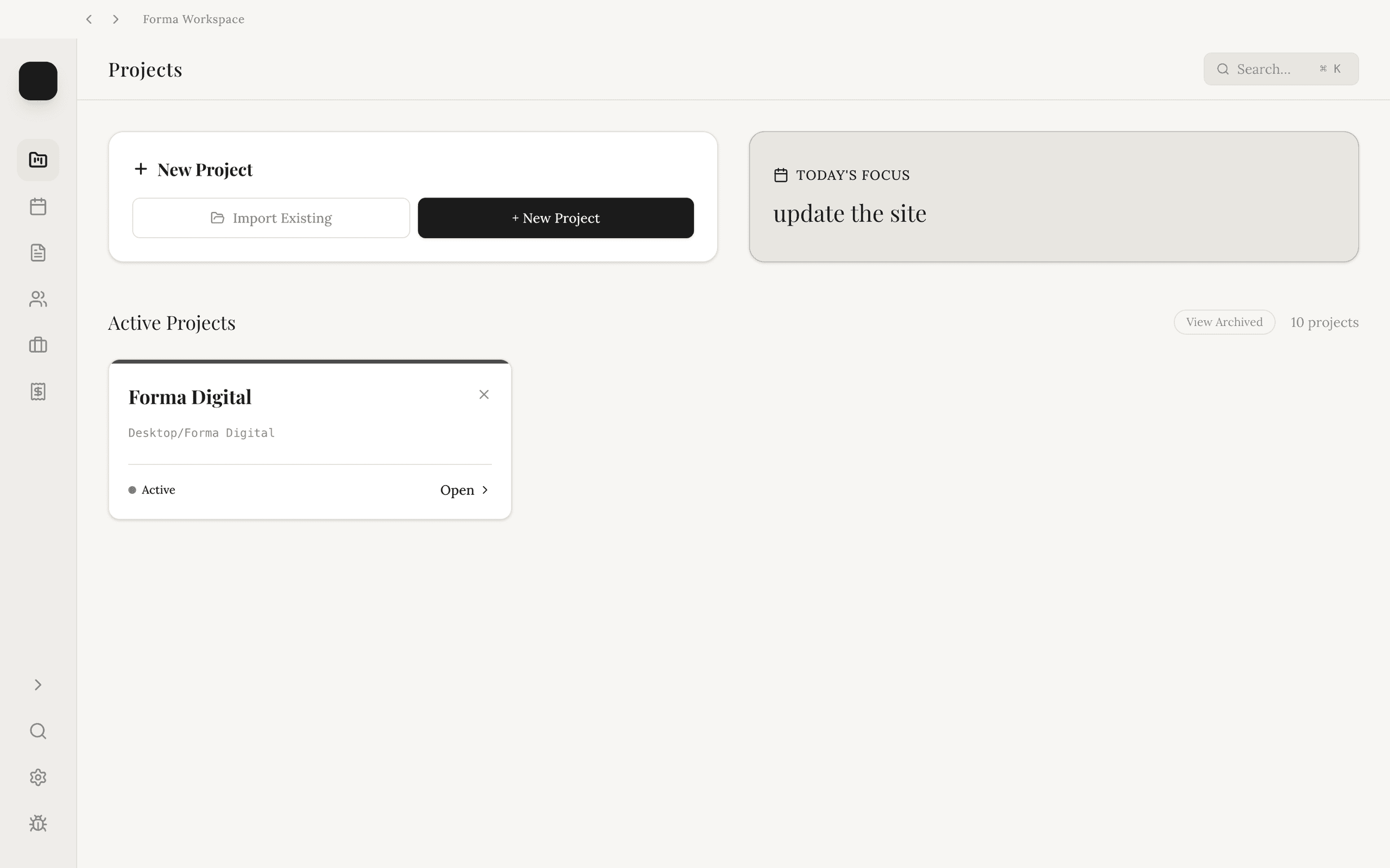 Forma Workspace app showing project dashboard with Kanban board